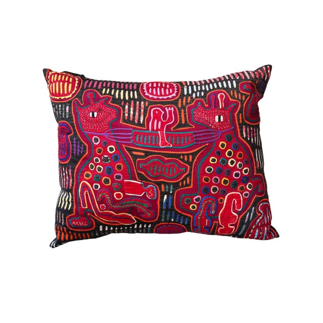 Vintage Kuna Mola hand-sewn throw pillow , featuring intricate folk are embroidery in rich, vibrant colors. This striking...