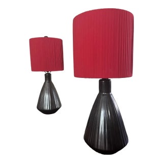 Pair of 1980s Postmodern Ceramic Lamps With Custom Red Pleated Shades For Sale
