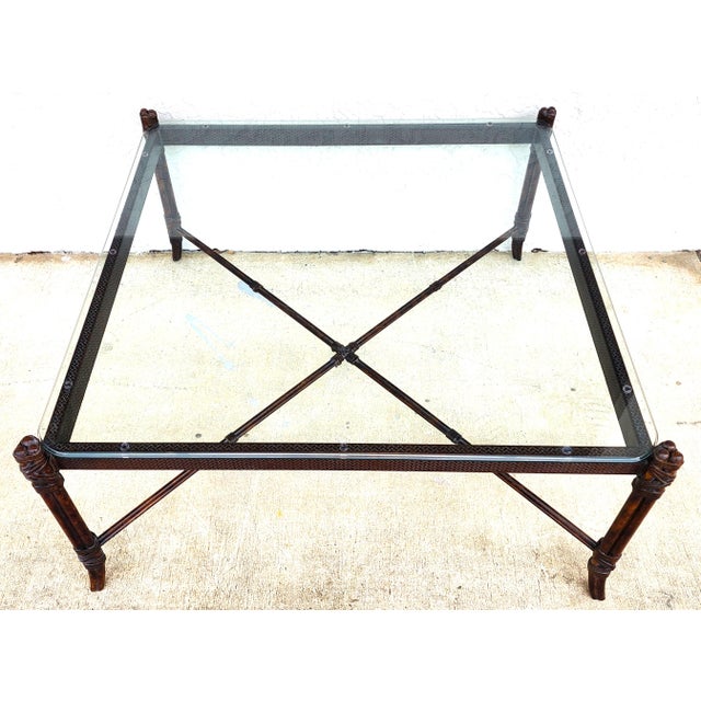 Brown Maitland Smith Style Faux Bamboo Glass & Leather Cocktail Table For Sale - Image 8 of 13