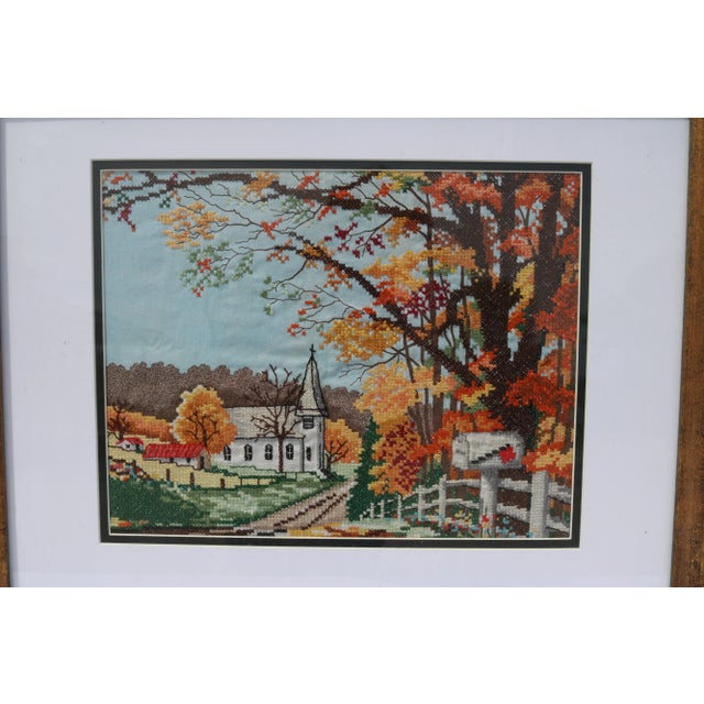Traditional Vintage Cross Stitch Matted and Framed Fall Colors Church For Sale - Image 3 of 7