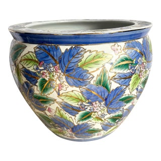 Vintage Chinese Hand Painted Blue Flower Porcelain Fishbowl/Vase For Sale