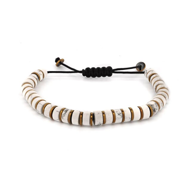 Men's White Howlite & Gold Hematite Beaded Adjustable Bracelet For Sale In Miami - Image 6 of 6
