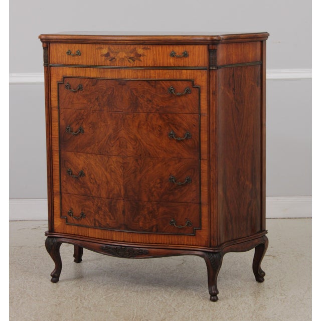 Vintage French Style Bow Front 5 Drawer Inlaid Walnut Chest For Sale - Image 4 of 18