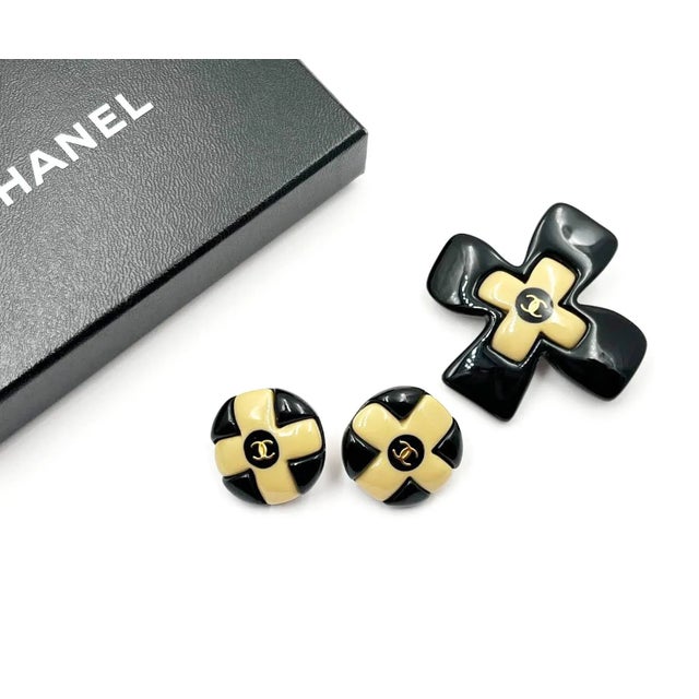 Chanel Vintage Gold Plated Beige Black CC Cross Clip on Earrings Brooch Set *Marked 95 *Made in France *Comes with...