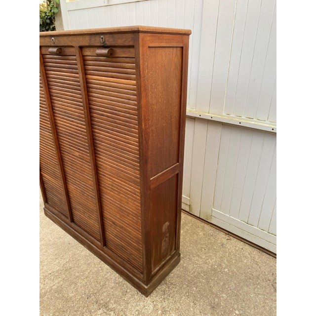 Oak Triple Column Filing Cabinet with Curtains, 1950s For Sale - Image 9 of 18