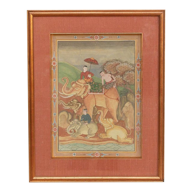 Antique Framed Thai Elephant Procession Painting For Sale