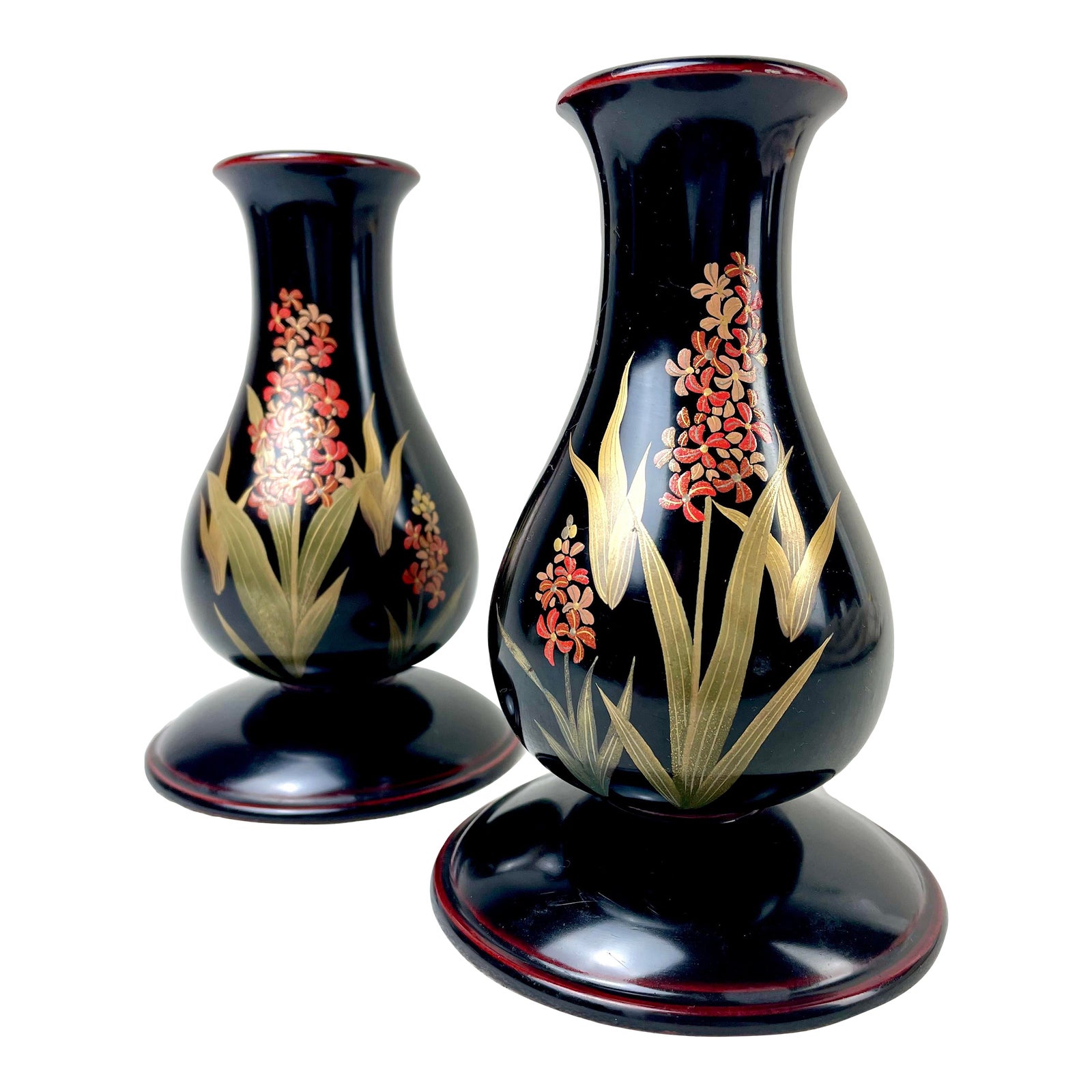 Vintage Lacquerware Candle Holders Candlesticks Floral Motif Signed