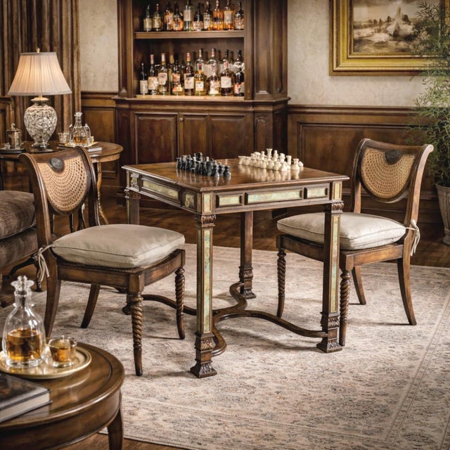 A rare Theodore Alexander pollard burl game table with semiprecious stone inlay and reversible chess, checkers, and...