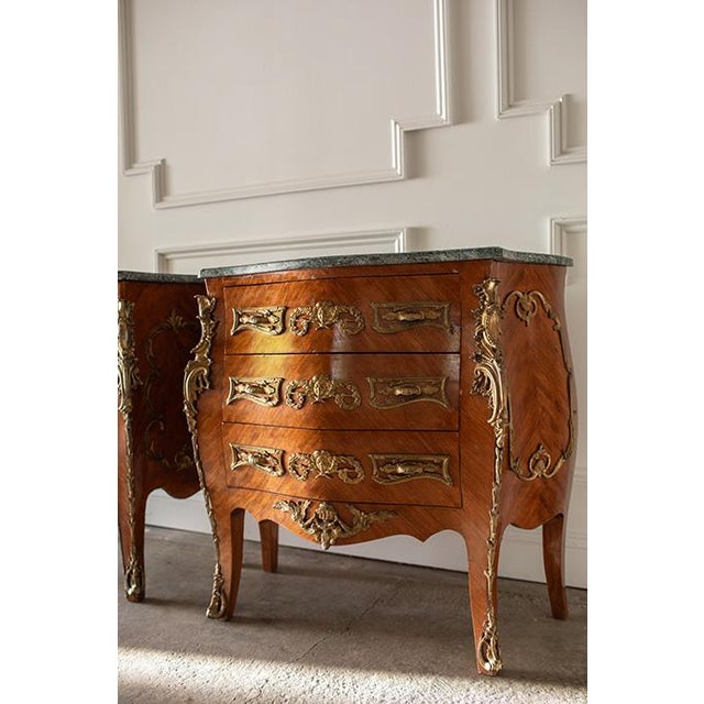 Rococo Pair Vintage French Louis XV Bombé Chests, Marble Top Commode Nightstands For Sale - Image 3 of 18
