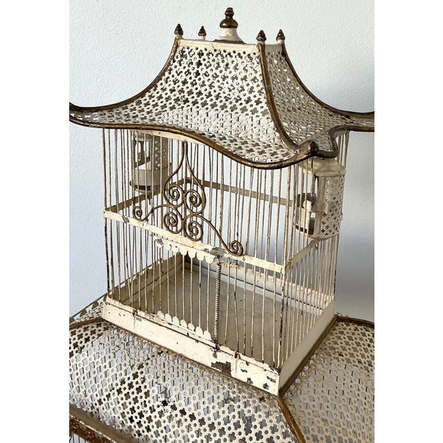 Cream Vintage Distressed Chinoiserie Metal Birdcage For Sale - Image 8 of 12