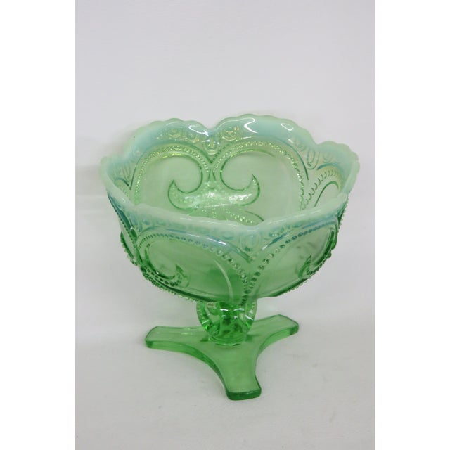 Mid-Century Modern Jefferson Glass Beaded Fleur De Lis Green Opalescent Candy Compote Bowl 4568b For Sale - Image 3 of 18