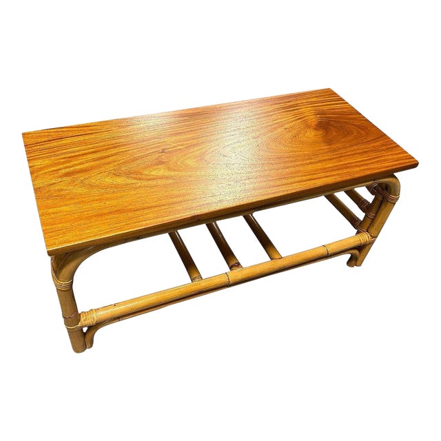 1950s Restored 2-Tier Rattan Staple Base Coffee Table W/ Mahogany For Sale
