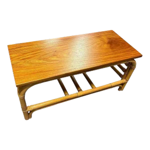 1950s Restored 2-Tier Rattan Staple Base Coffee Table W/ Mahogany