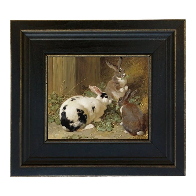 Early American Farmyard Rabbits Framed Oil Painting Print on Canvas in