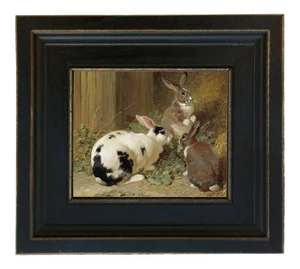 Early American Farmyard Rabbits Framed Oil Painting Print on Canvas in Black Wood Frame