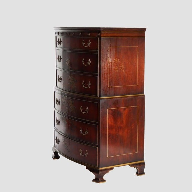 Brass Floral Painted Chinese Chippendale Mahogany Six Drawer Highboy Chest C1920 For Sale - Image 8 of 18