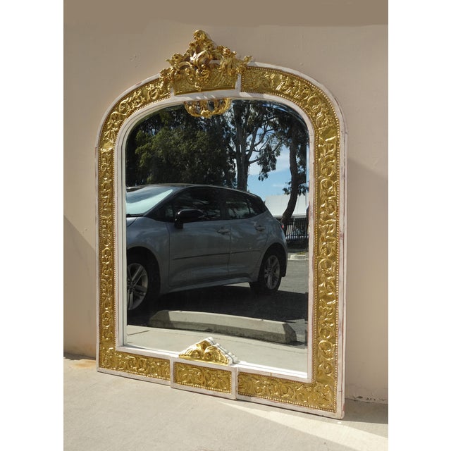 French Antique French Louis XVI Baroque Style Solid Wood Gold & White Rustic Mirror For Sale - Image 3 of 18