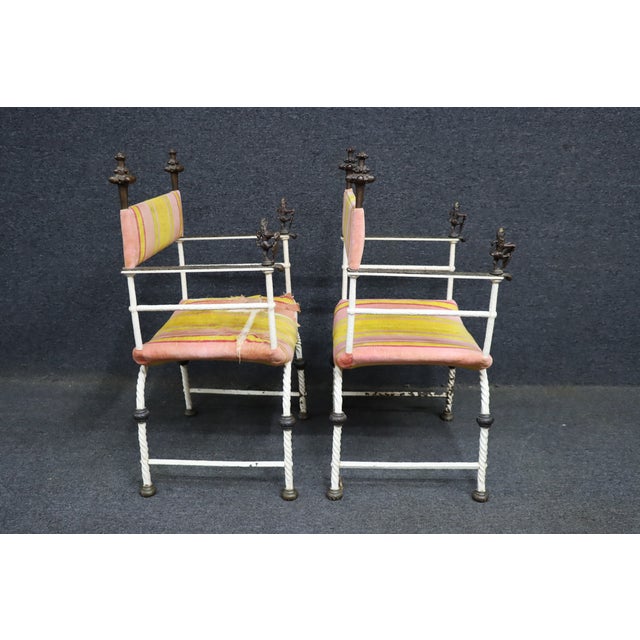 Pair of Italian Savonarola Style Iron Chairs With Figural Arms For Sale - Image 9 of 15