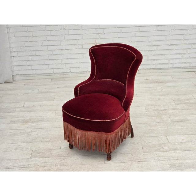 Danish Cocktail Lounge Chair in Cherry-Red Furniture Velour, 1950s For Sale - Image 14 of 17