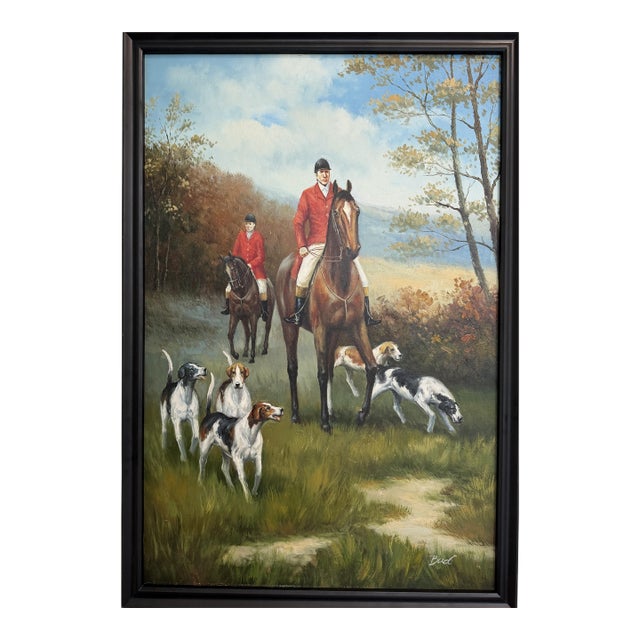 Late 20th Century Fox Hunting Scene Oil Painting on Canvas Horses Hounds Equestrian Sporting Art For Sale
