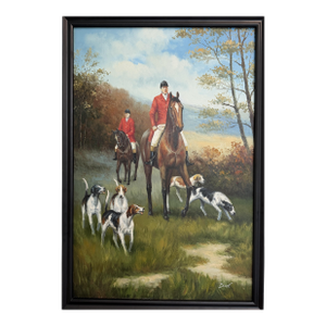 Late 20th Century Fox Hunting Scene Oil Painting on Canvas Horses Hounds Equestrian Sporting Art