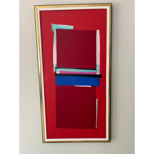 1980s Silvio Oppenheim Mid-Century Abstract Geometric Painting in Red & Blue Signed 1984 For Sale - Image 5 of 11