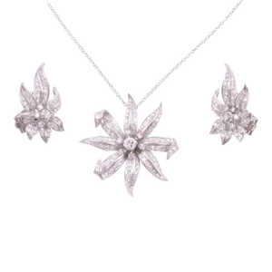 1950s Floral Diamond Platinum Necklace and Earring Set - 3 Pieces