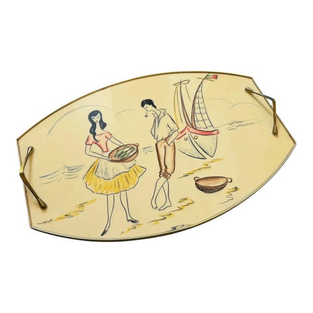 1950s Mid-Century Modern Brass and Lacquered Wood Italian Serving Tray For Sale