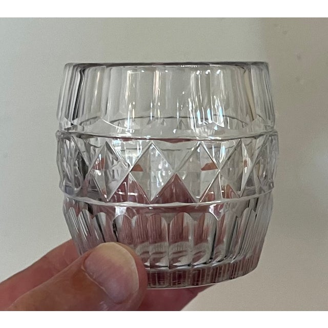 Set 4 antique English George III Anglo Irish diamond cut crystal shot glasses. Measure 2 1/4" diameter x 2 1/4" tall. Good...