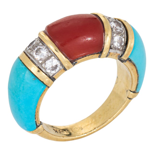 70s Vintage Turquoise Coral Diamond Band Sz 5 Ring 18k Yellow Gold Fine Jewelry For Sale