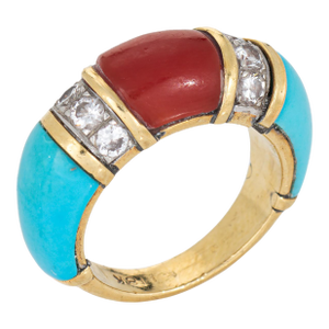 70s Vintage Turquoise Coral Diamond Band Sz 5 Ring 18k Yellow Gold Fine Jewelry