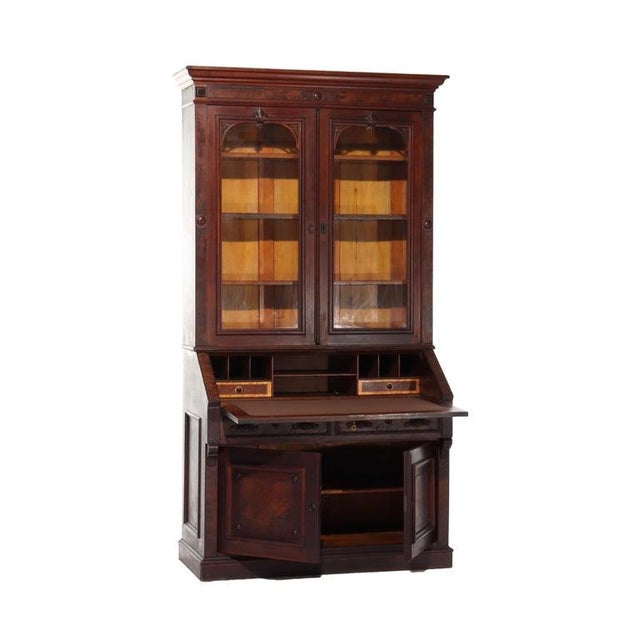 Antique Renaissance Revival Walnut & Burl Secretary Desk C1880 For Sale - Image 12 of 12
