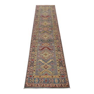 Kazak Runner 2’7” X 9’7” Gray Wool Tribal Hand-Knotted Oriental Rug For Sale