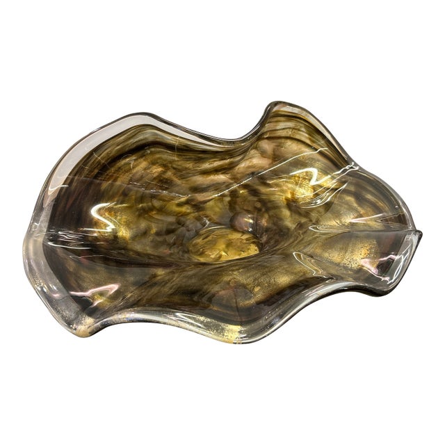 Gold Brown and Copper Color Blown Art Glass Pinched Rim Bowl For Sale