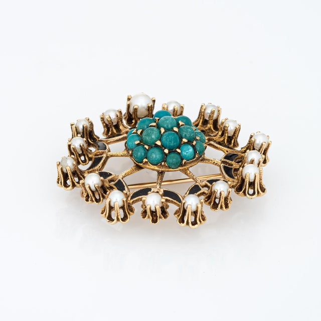 Mid 20th Century Turquoise Pearl Pendant Brooch Vintage 14k Yellow Gold Enamel Chairish