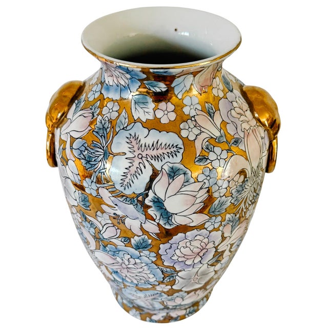 1970s Mid 20th Century Macau Enameled Gold-Ground Lotus & Peony Vase / Lamp Base For Sale - Image 5 of 8