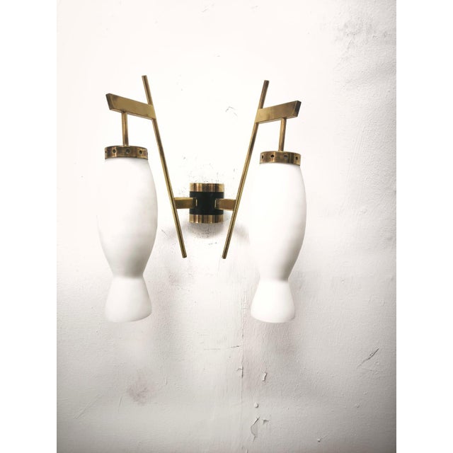 Brass Wall Lamp with Double Opal Glass Light, 1960s For Sale - Image 9 of 14