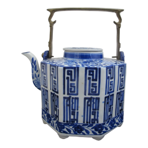 Chinese Blue & White Porcelain Bird & Flower Octagonal Teapot With Brass Handle