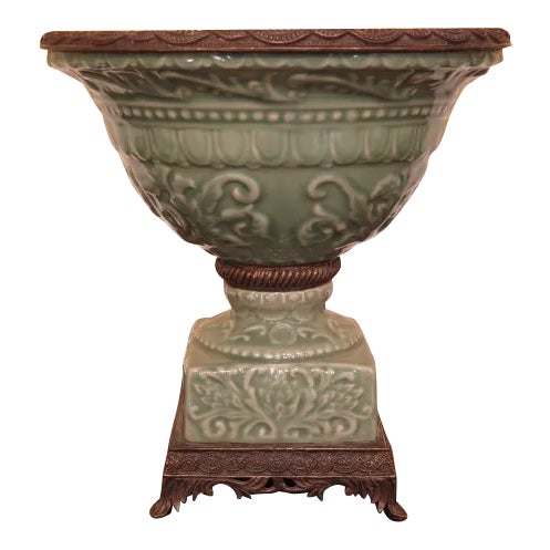 Green & Bronze Porcelain Center Planter Bowl For Sale
