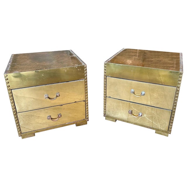 Brass Clad Bedside Cabinets by Sarreid Ltd, 1970s, Set of 2 For Sale