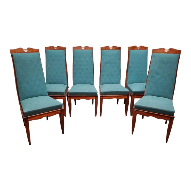 Mid 20th Century Set of Six Original French Mid Century Tall Back Dining Chairs With Nickel Mounts For Sale