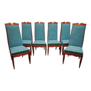 Mid 20th Century Set of Six Original French Mid Century Tall Back Dining Chairs With Nickel Mounts