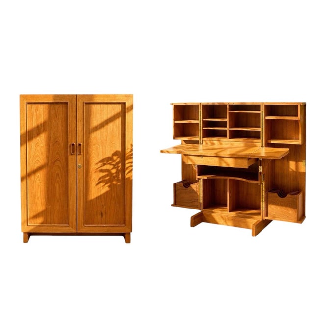 A clever vintage Danish Modern transformer desk wrapped in warm teak with a beautifully streamlined cabinet silhouette....