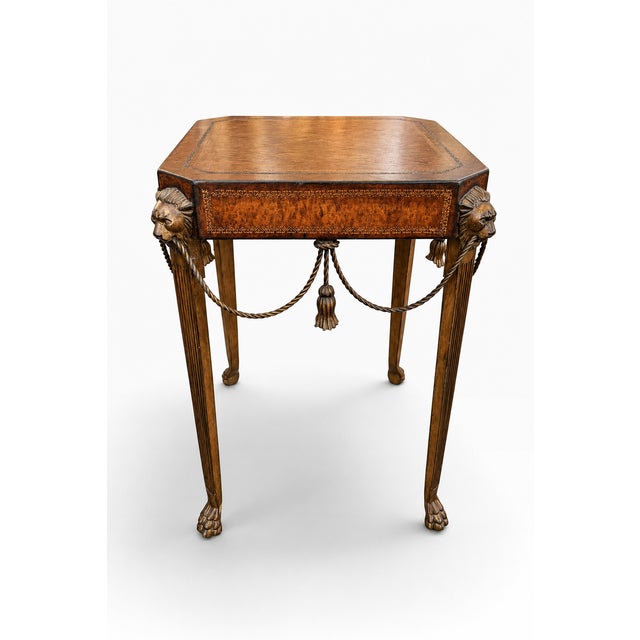 Brass Theodore Alexander Attributed Neoclassical Lion-Head Tooled Leather Drink Table For Sale - Image 8 of 14