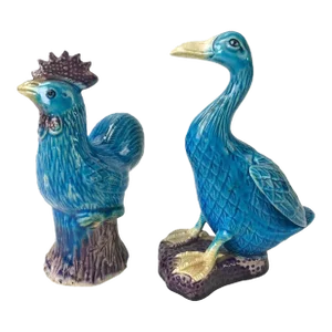 Vintage Chinese Porcelain Duck & Rooster Figurines - Set of 2