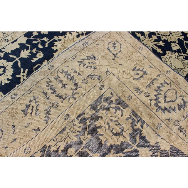 Blue Turkish Oushak Rug With Floral Design in Dark Blue, Cream and Light Brown For Sale - Image 8 of 9
