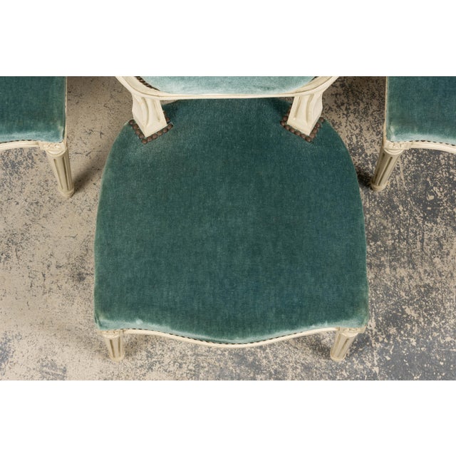 Antique French Louis XVI Style Painted Dining Chairs in Teal Mohair - Set of 8 For Sale - Image 4 of 18
