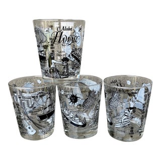 Circa 1980 “Aloha Hawaii”-Themed Lowball Glasses Attributed to Federal Glass – Set of 4 For Sale