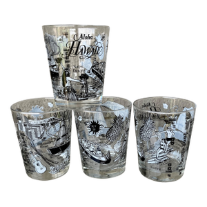 Circa 1980 “Aloha Hawaii”-Themed Lowball Glasses Attributed to Federal Glass – Set of 4