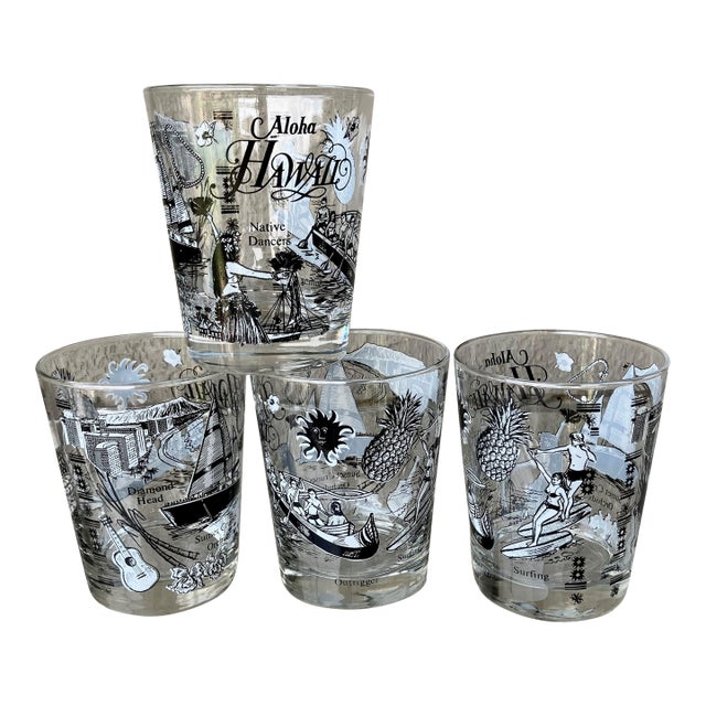 Whimsical Circa 1980 “Aloha Hawaii”-Themed Lowball Glasses Attributed to Federal Glass – Set of 4 For Sale